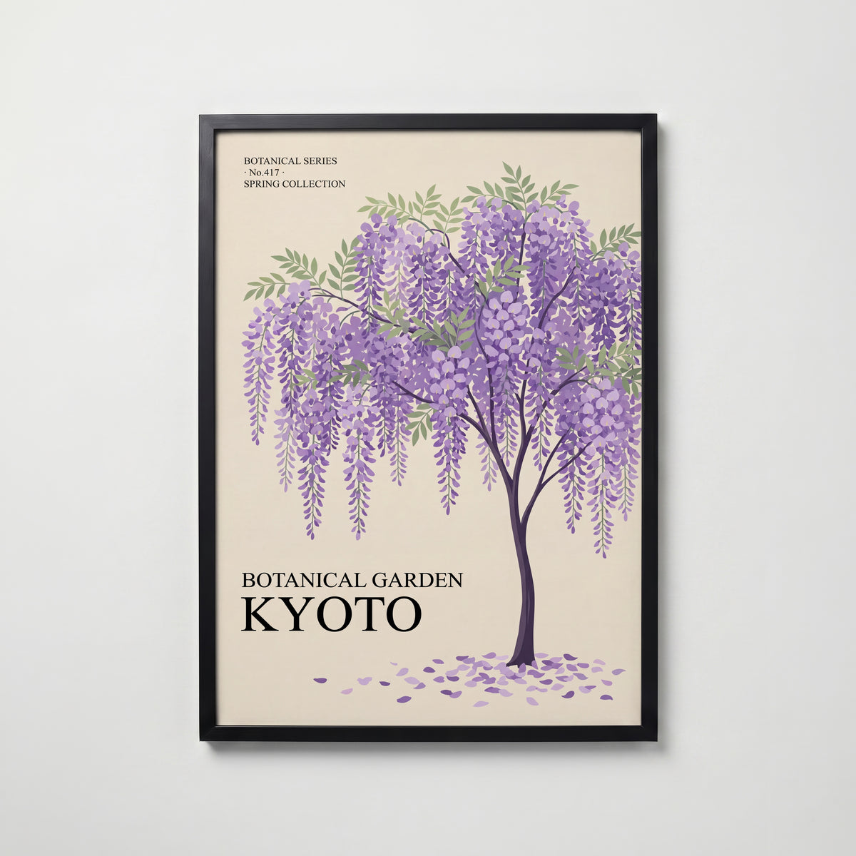 Botanical Garden Kyoto i svart ram, grafiskt vårmotiv med blåregn från Bozetto