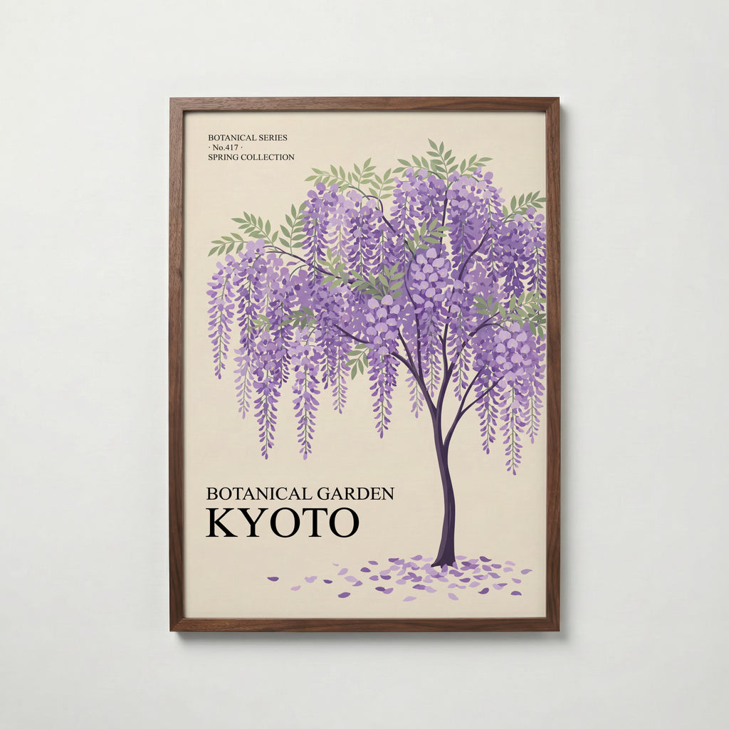 Botanical Garden Kyoto i valnötsram, lila blåregn på creme, konst från Bozetto