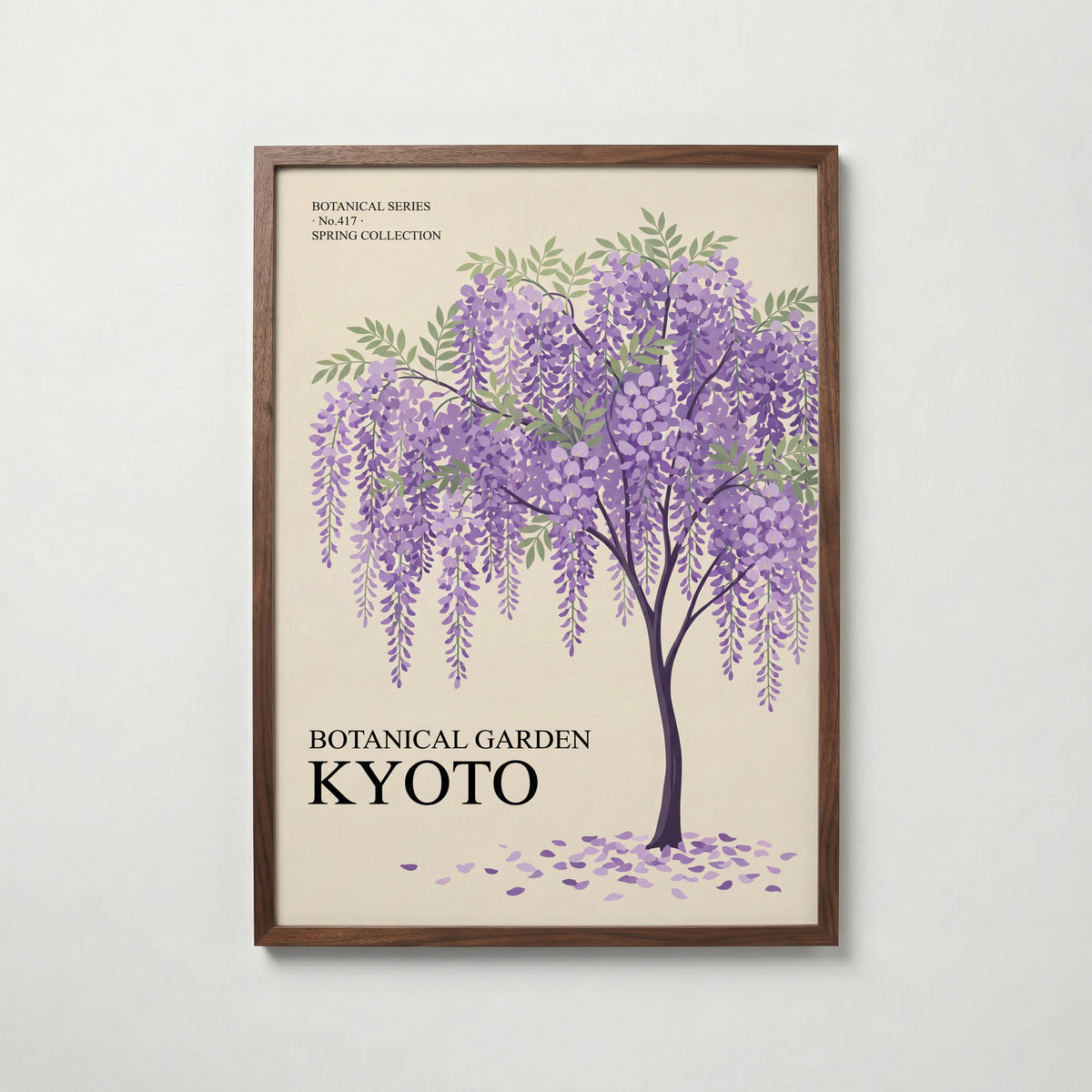 Botanical Garden Kyoto i valnötsram, lila blåregn på creme, konst från Bozetto
