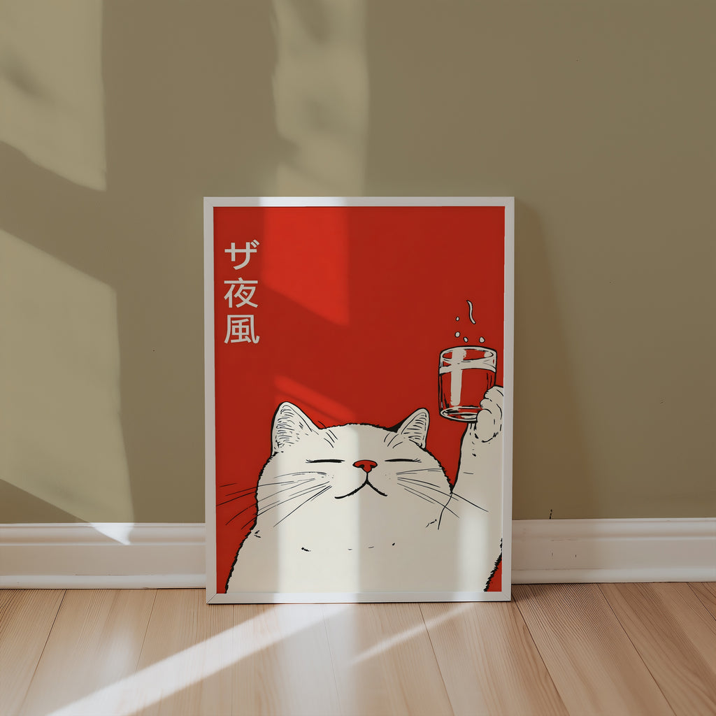 Midnight Toast Cat poster i inredd rumsmiljö – Bozetto