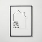 Personlig poster hus med familjens namn i svart ram