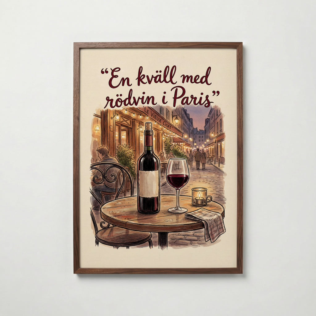 Red Wine in Paris Poster i valnötsram, konst från Bozetto