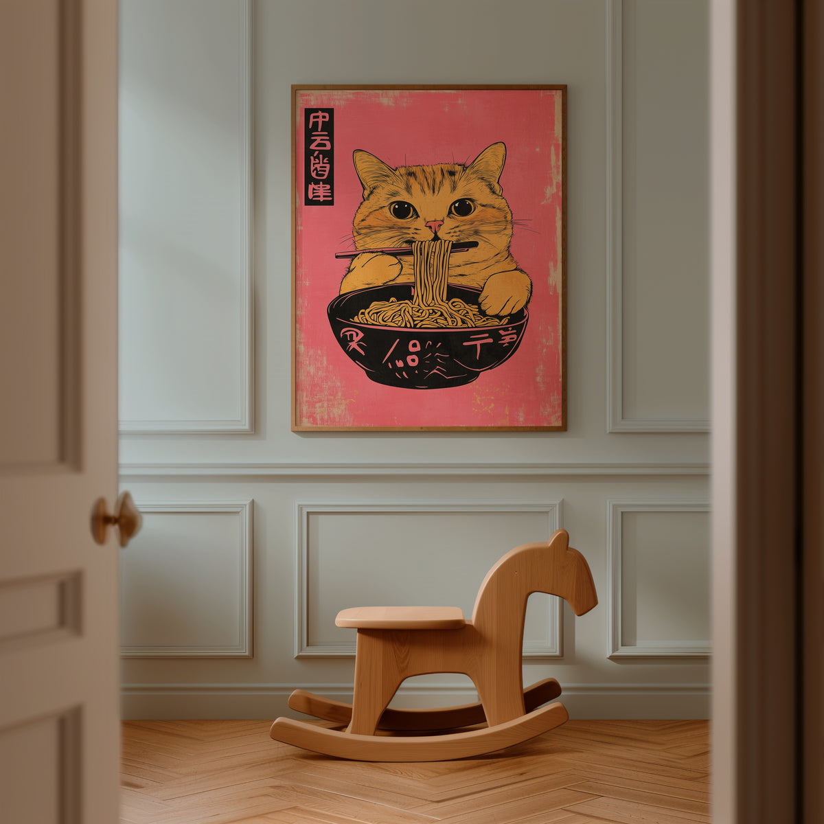 Yellow Cat Eats Noodle poster på vägg i hemmiljö – Bozetto
