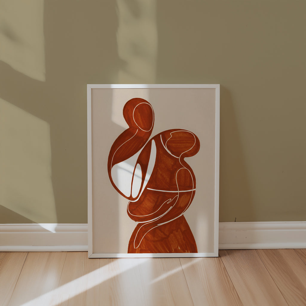 Terracotta Embrace Poster på väggen i ett ljust skandinaviskt vardagsrum