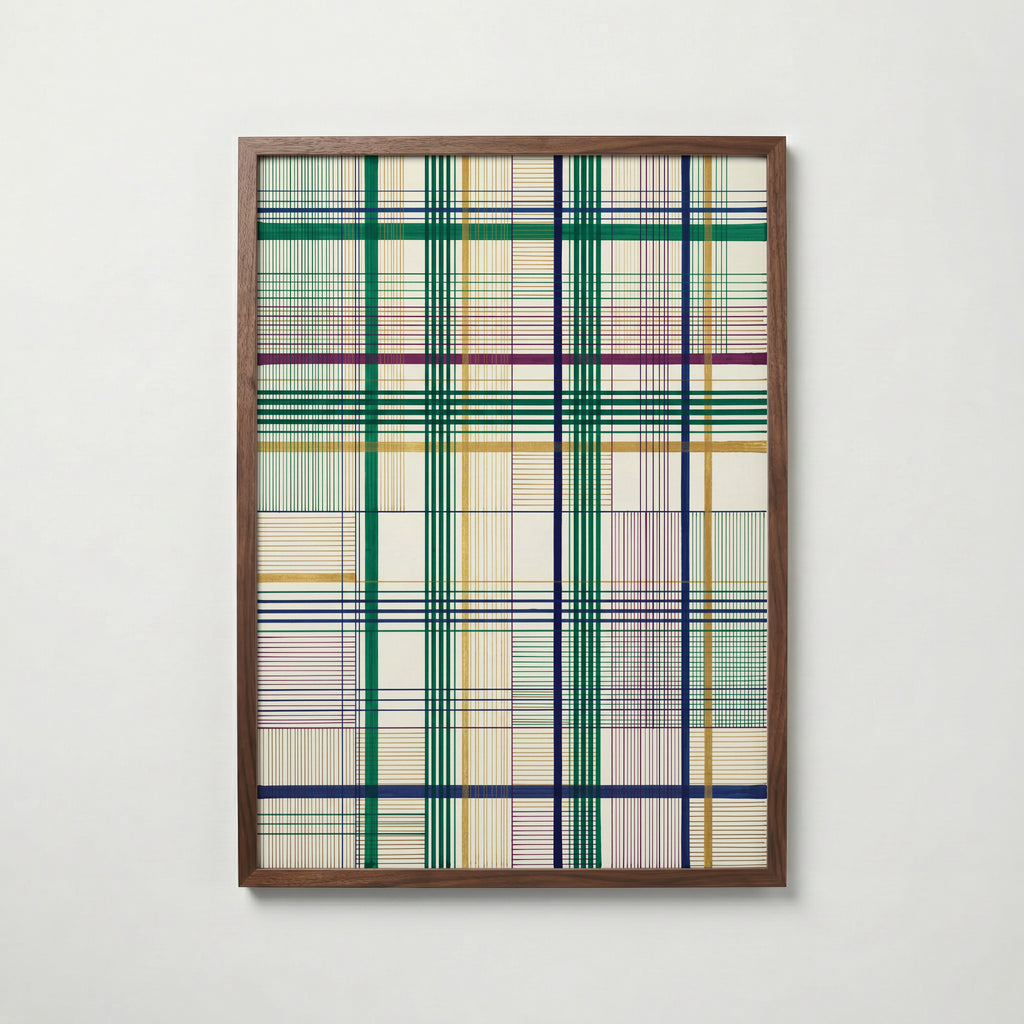 Threaded Grid Poster – fint linjerutnät i smaragd, marinblått, plommon och guld på elfenben i valnötsram, fri frakt över 499 kr