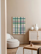 Threaded Grid Poster – fint linjerutnät i smaragd, marinblått, plommon och guld på elfenben i ramad miljö i ljust vardagsrum, väggkonst från Bozetto