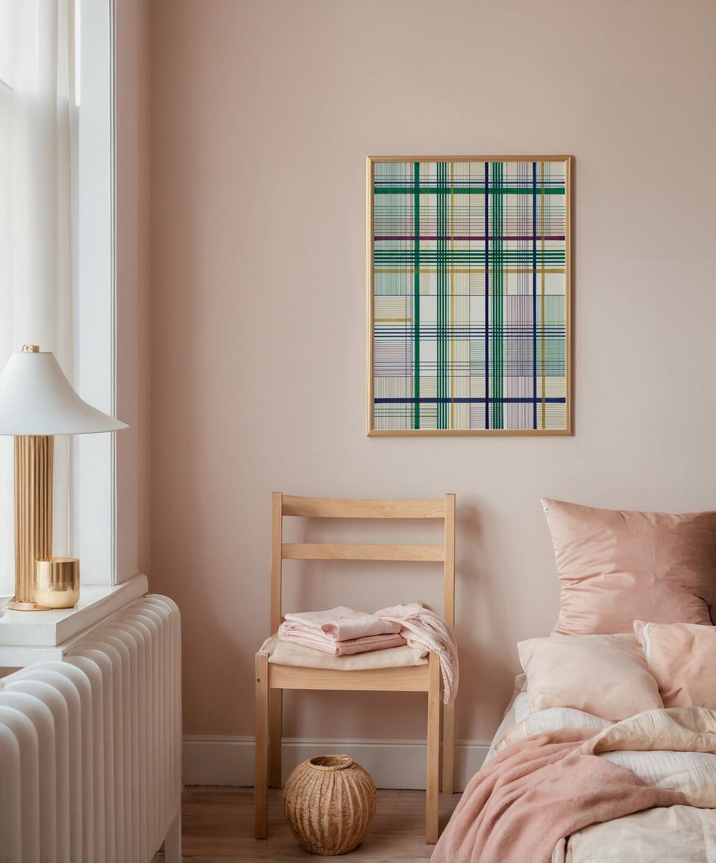 Threaded Grid Poster – fint linjerutnät i smaragd, marinblått, plommon och guld på elfenben på väggen i skandinaviskt hem, fri frakt över 499 kr