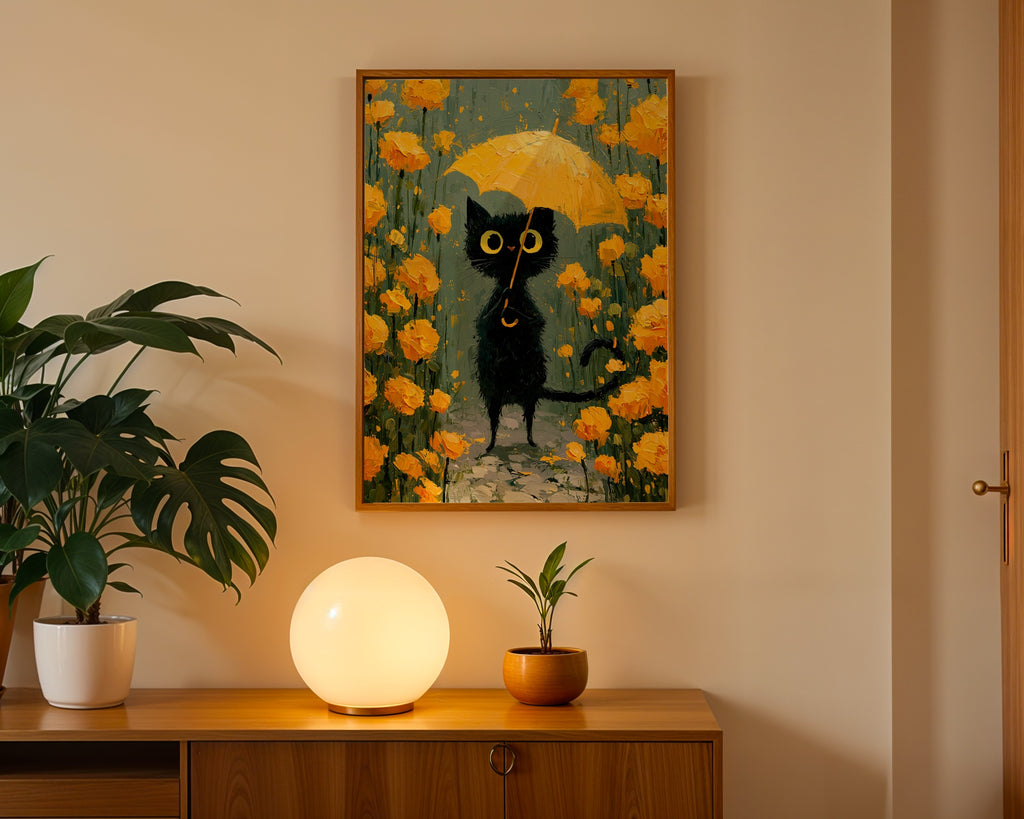 Umbrella Cat in Yellow Garden Poster som inredningsdetalj over en soffa