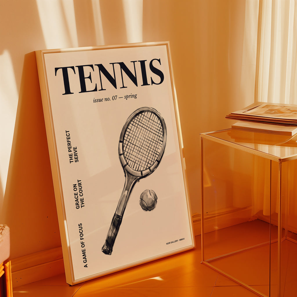 Vintage Tennis Cover posteraffisch i hemmiljö med tennisracket och boll i bläckstil, konst från Bozetto