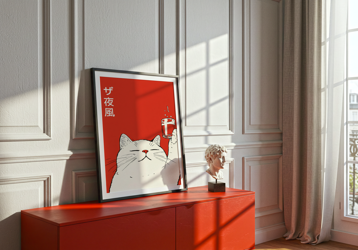 Midnight Toast Cat – stilfullt konsttryck från Bozetto, tryckt på matt finpapper
