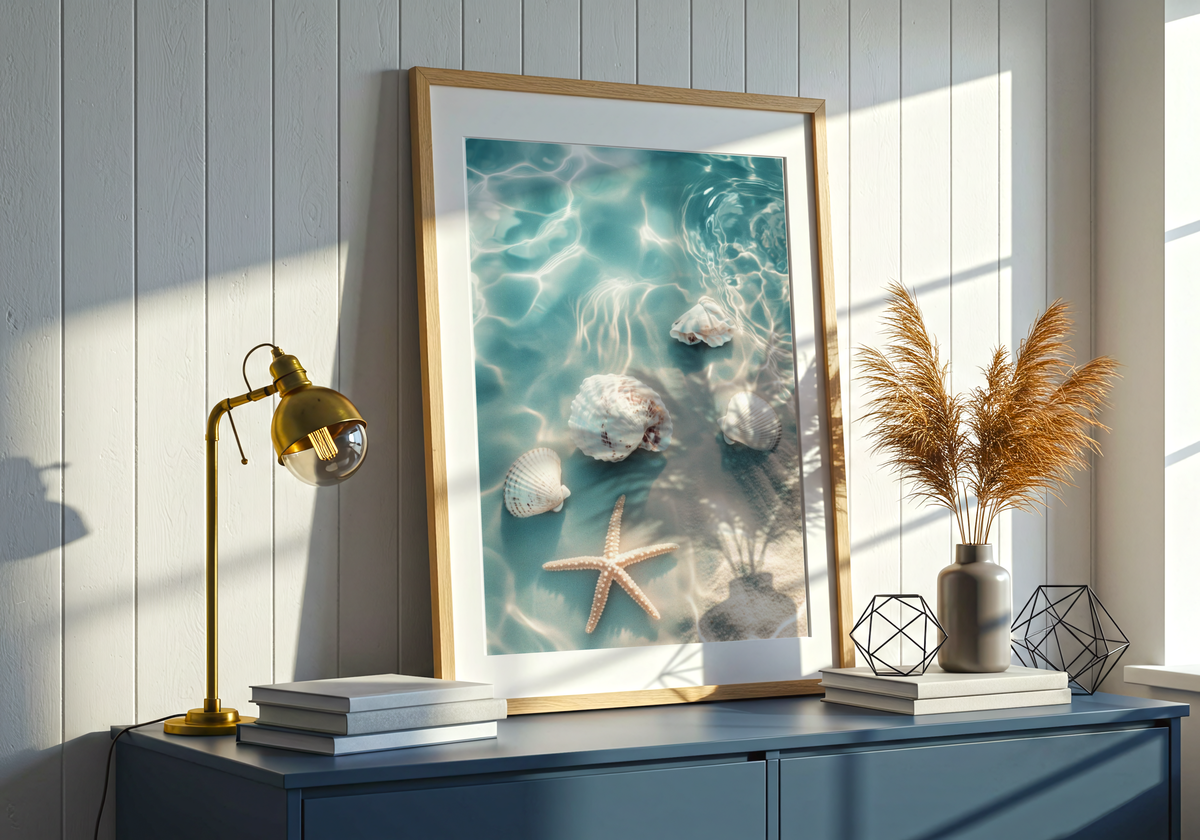 Starfish and Shells Beach Poster – modern konst och stilren konsttryck för hemmet hos Bozetto